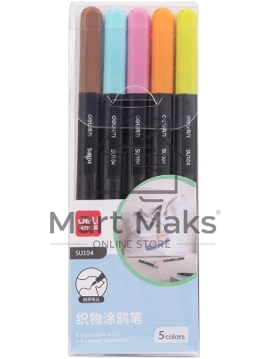 Фломастеры для ткани Deli SU104 круг. Невентилируемый для ткани 5цв. пастельные цвета ПВХ-бокс (5шт.)