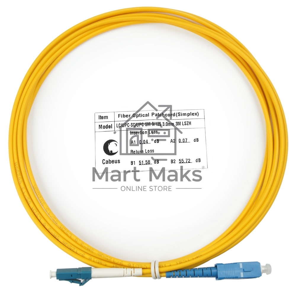 Патч-корд оптический Cabeus Tight Buffer, Simplex SC/LC, OS2 9/125, LSZH, 3м, Ø 3мм, синий хвостовик, желтый