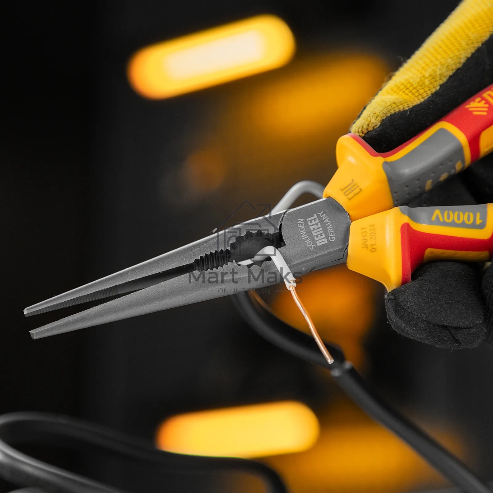 Длинногубцы прямые Denzel диэлектрические рукоятки до 1000 В, трехкомпонентные рукоятки, 205 мм