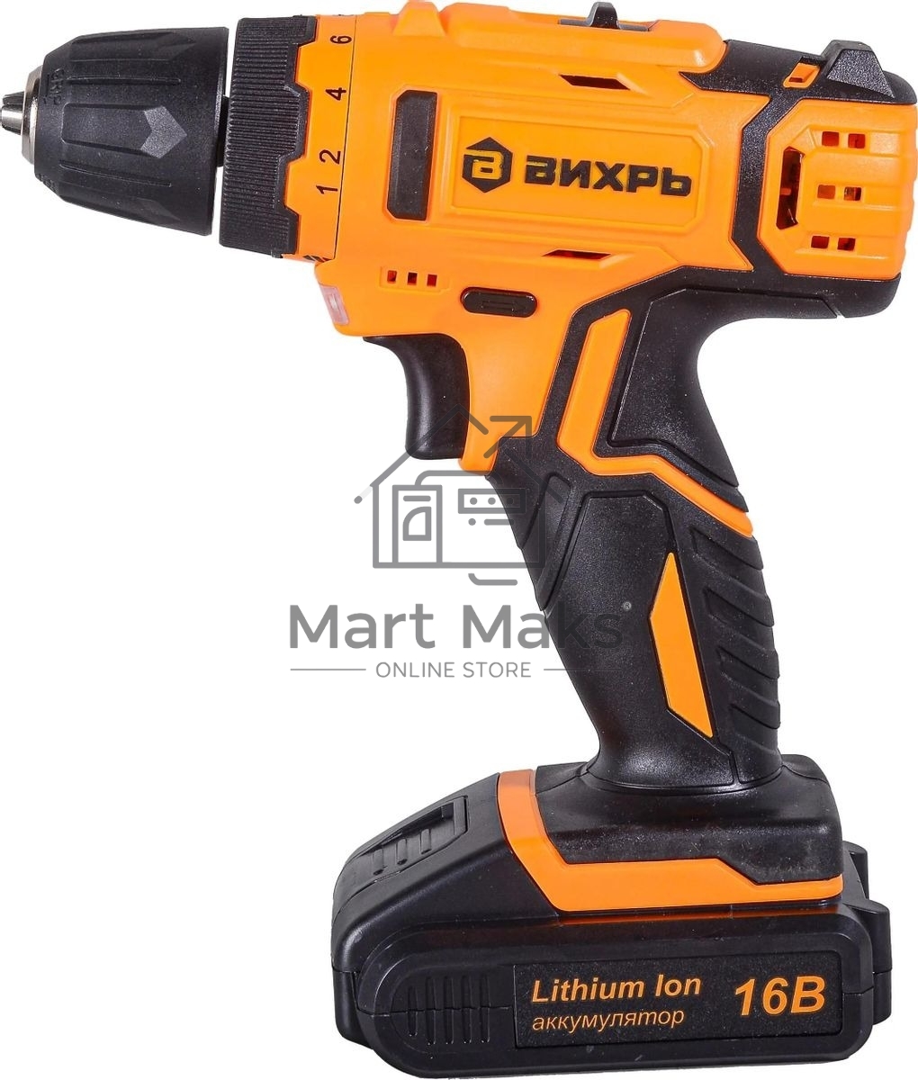 Дрель-шуруповерт аккумуляторная Вихрь ДА-16Л-2КА 72/14/49, Аккумуляторная, 16В, 2 АКБ, Кейс