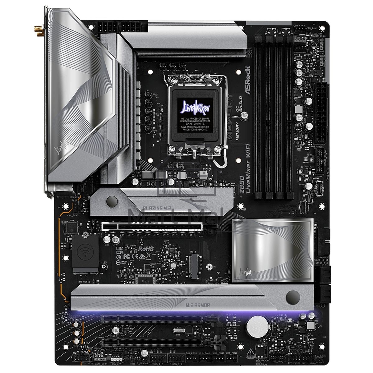 Материнская плата ASRock Z890 LiveMixer WiFi, LGA 1851, Intel Z890, 4xDDR5, 4xSATA, 4xM.2, 1xPCIe 5.0 x16, 2xPCIe 4.0 x16, 2xUSB-C Thunderbolt 4, 10xUSB-A 3.2 Gen 1, 2xUSB-A 3.2 Gen 2, 1xHDMI, 1x2.5Gb LAN, 5x3.5 мм, 7.1, ATX