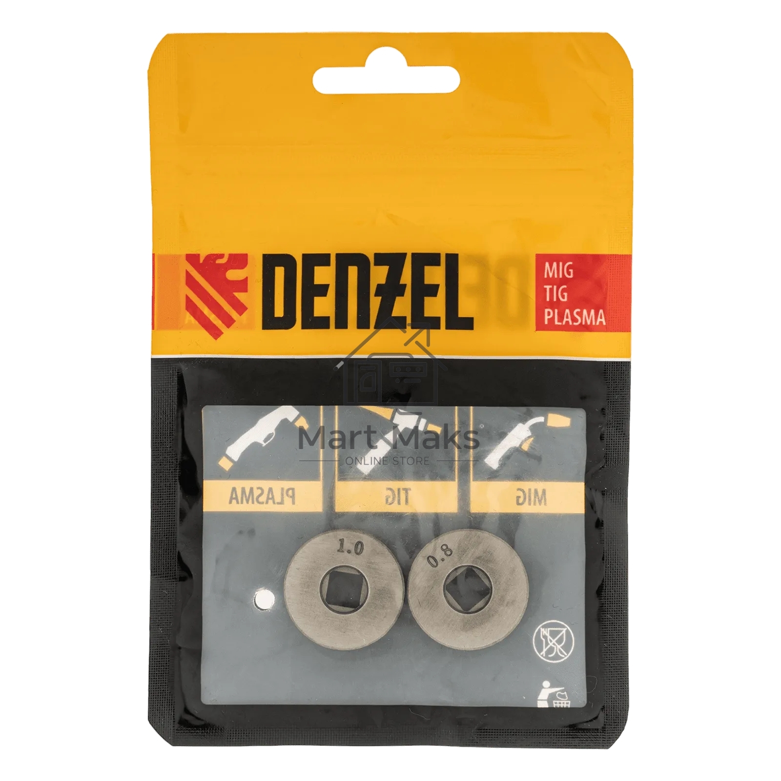 Подающий ролик Denzel V профиль под стальную проволоку 0,8-1 мм, посадка квадрат, 2 шт