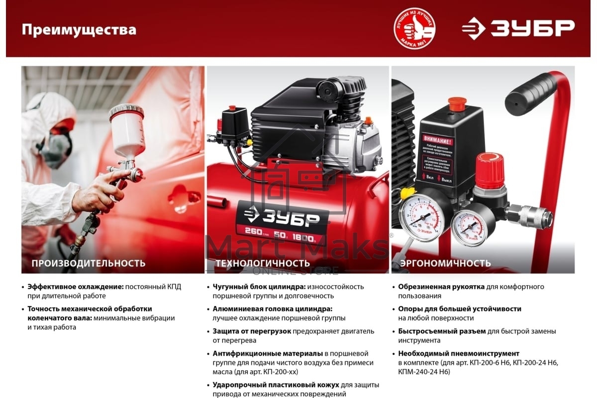 Компрессор воздушный безмасляный, 200 л/мин, 6 л, 1500 Вт, Зубр