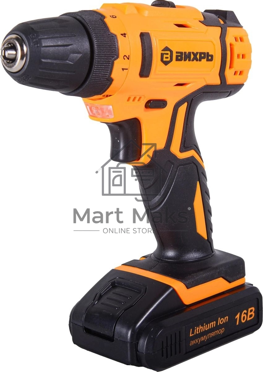 Дрель-шуруповерт аккумуляторная Вихрь ДА-16Л-2КА 72/14/49, Аккумуляторная, 16В, 2 АКБ, Кейс
