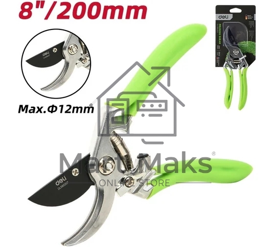 Секатор садовый Deli DL580207 цельнокованный, лезвия с тефлоновым покрытием, длина 215мм, макс. диаметр резки 12мм, сталь SK5