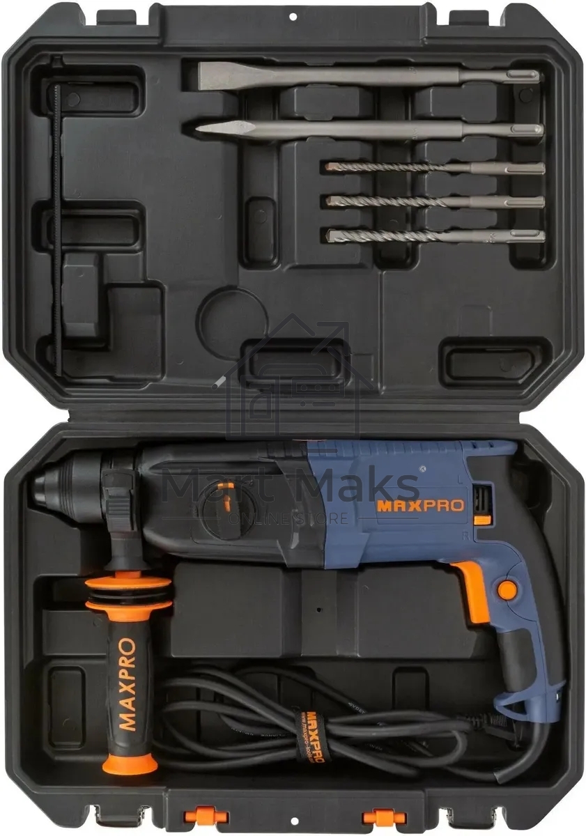 Перфоратор монтажный MAX-PRO MPRH800/26VP 800Вт, 0-1100 об/мин, 2,8 Дж, 3 режима, Д/Б/М-30/26/13, 3,4 кг, SDS-PLUS, антивибрационная ручка, резиновые вставки, рез