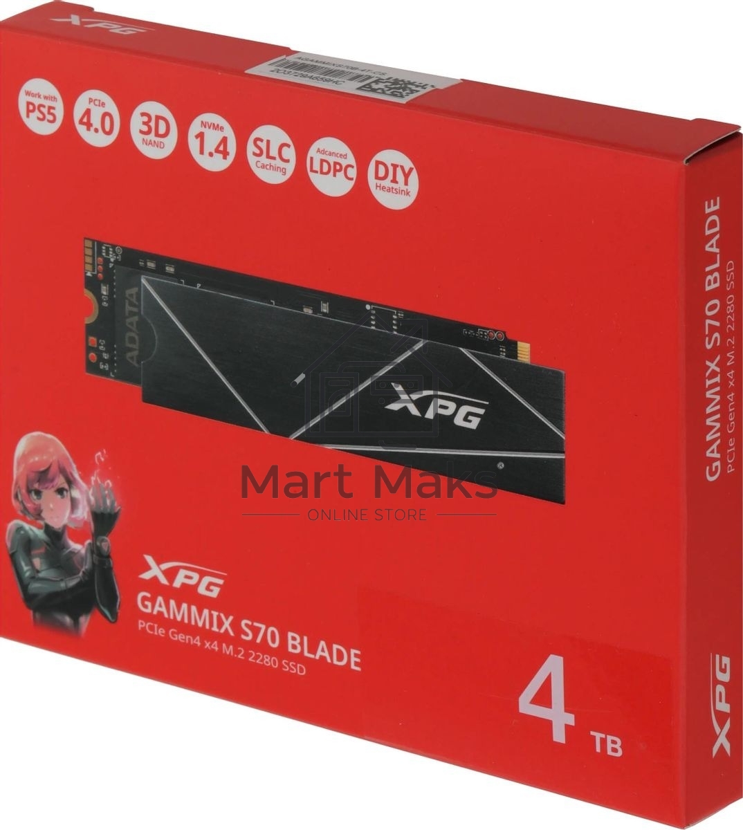 Накопитель SSD ADATA XPG BLADE S70, 4Tb, PCIe 4.0 x4, M.2 2280, NVMe, R/W 7400/6600, с радиатором