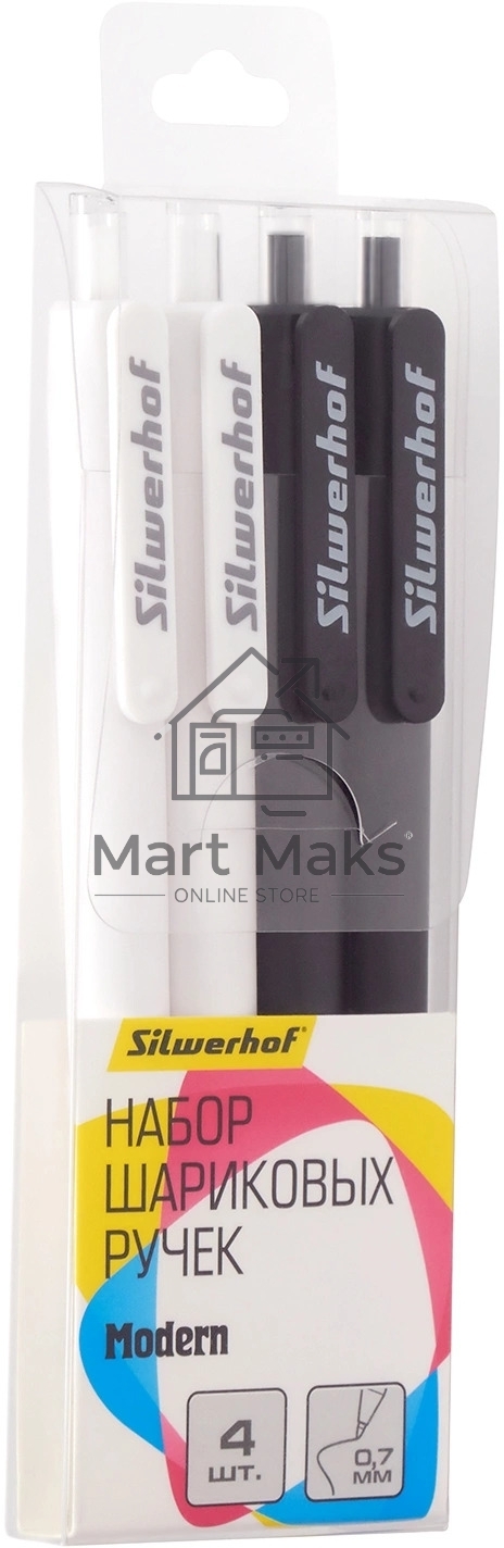 Набор ручек шариковых автоматическая Silwerhof NG Modern, d=0.7мм, синие чернила, блистер с европодвесом (4шт)