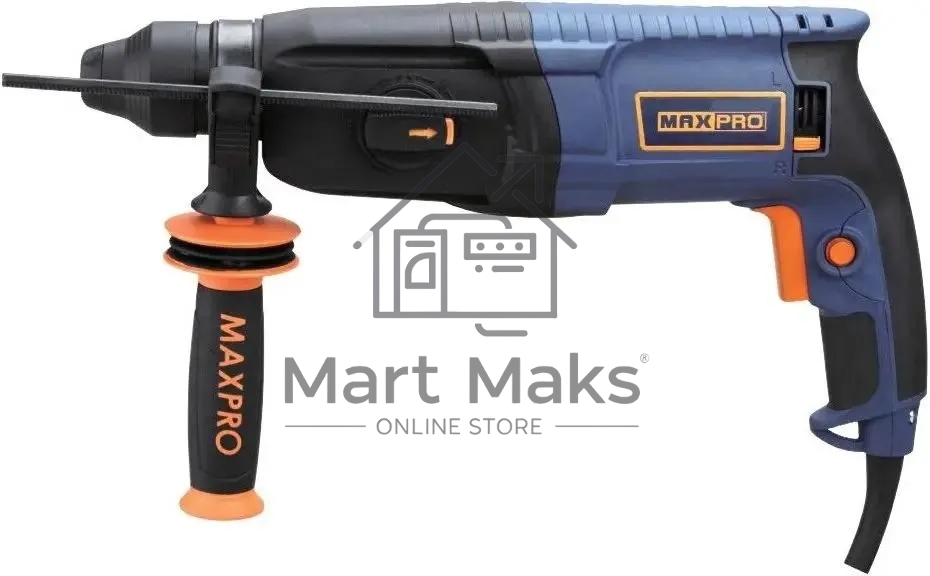 Перфоратор монтажный MAX-PRO MPRH800/26VP 800Вт, 0-1100 об/мин, 2,8 Дж, 3 режима, Д/Б/М-30/26/13, 3,4 кг, SDS-PLUS, антивибрационная ручка, резиновые вставки, рез