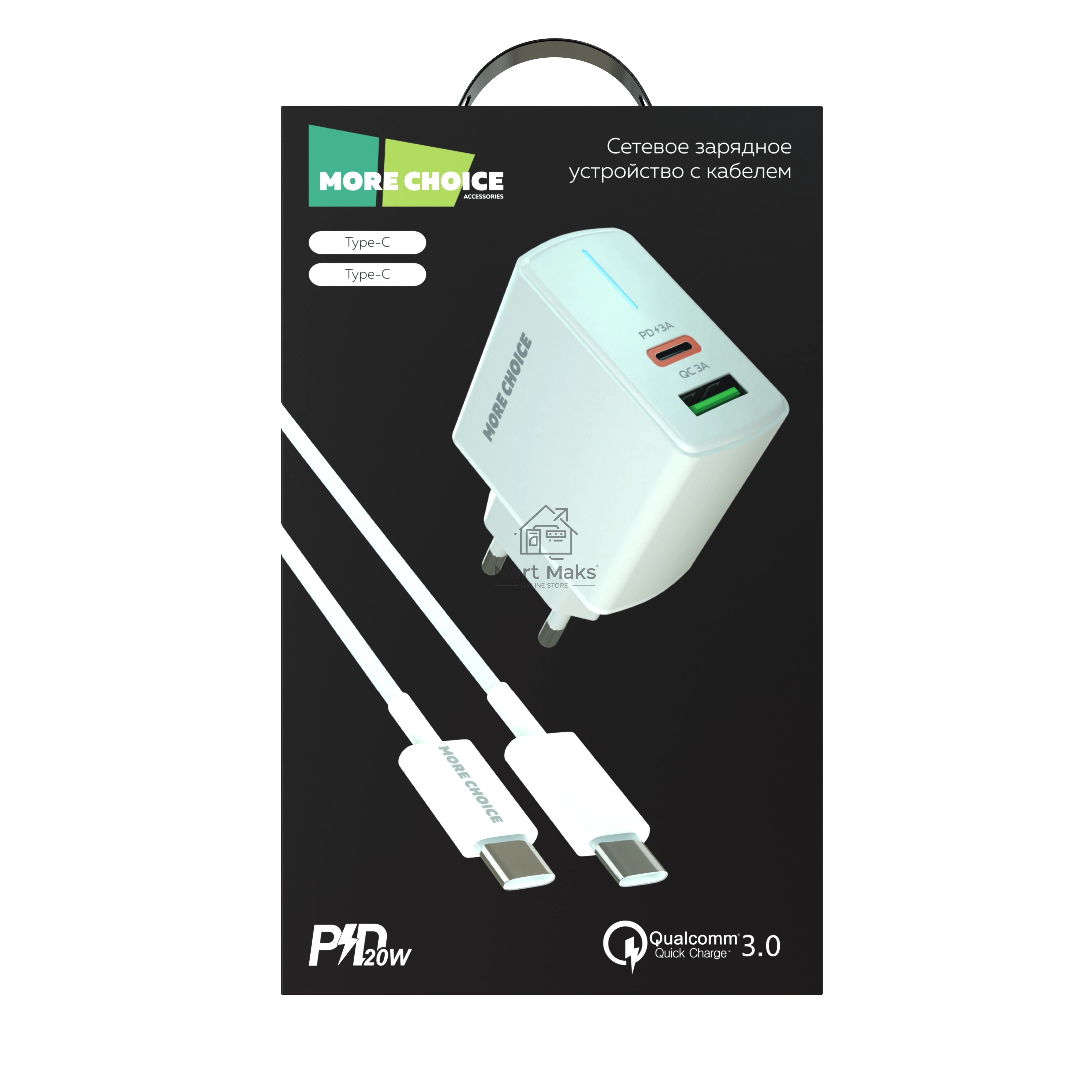 Зарядное устройство MORE CHOICE (4620202551252) NC61a белый - 1USB+1USB-C 3.0A PD 20W+QC3.0 быстрая зарядка для Type-C