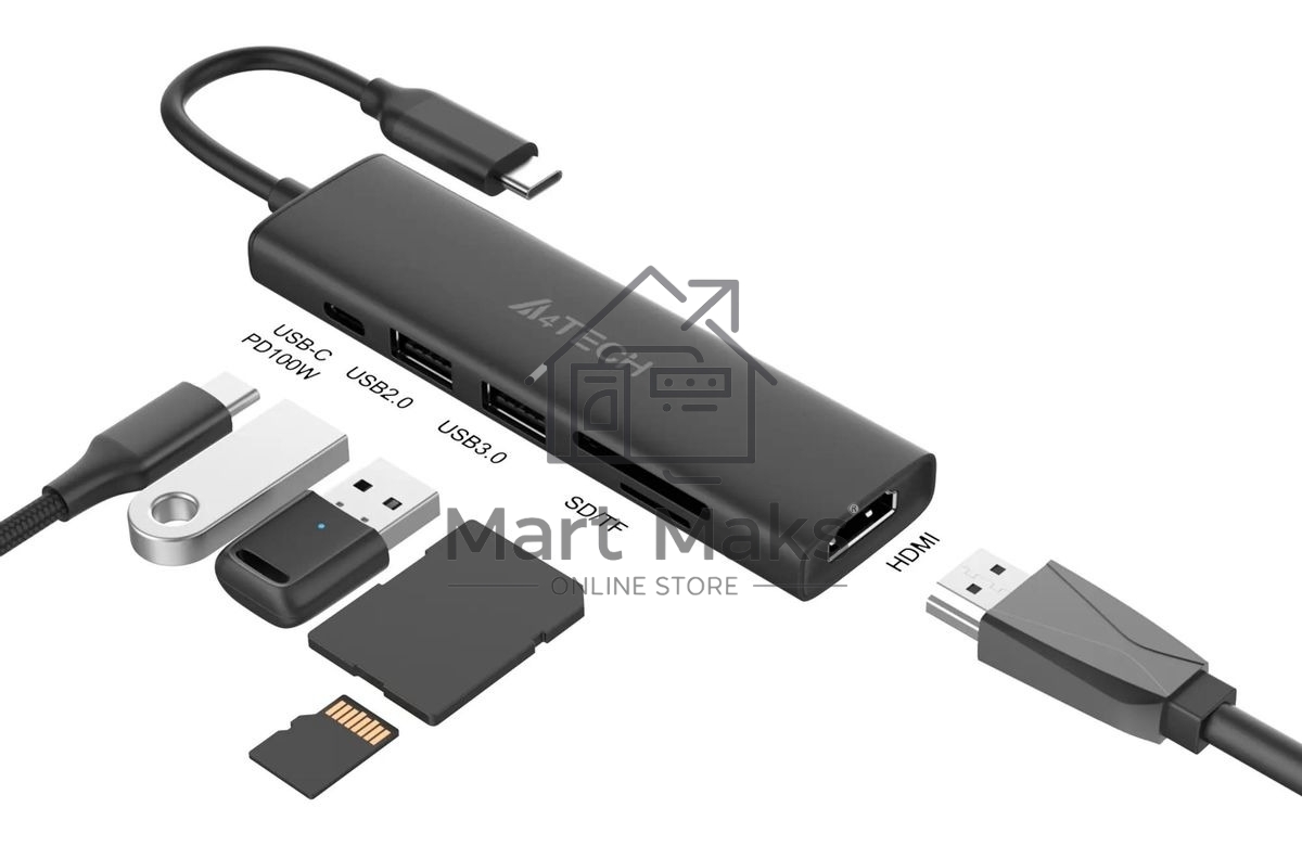 Разветвитель USB-C A4Tech DST-60C 2порт. серый