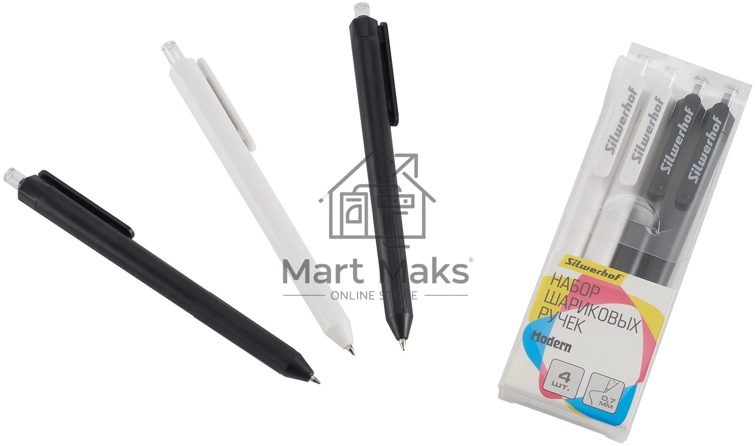 Набор ручек шариковых автоматическая Silwerhof NG Modern, d=0.7мм, синие чернила, блистер с европодвесом (4шт)