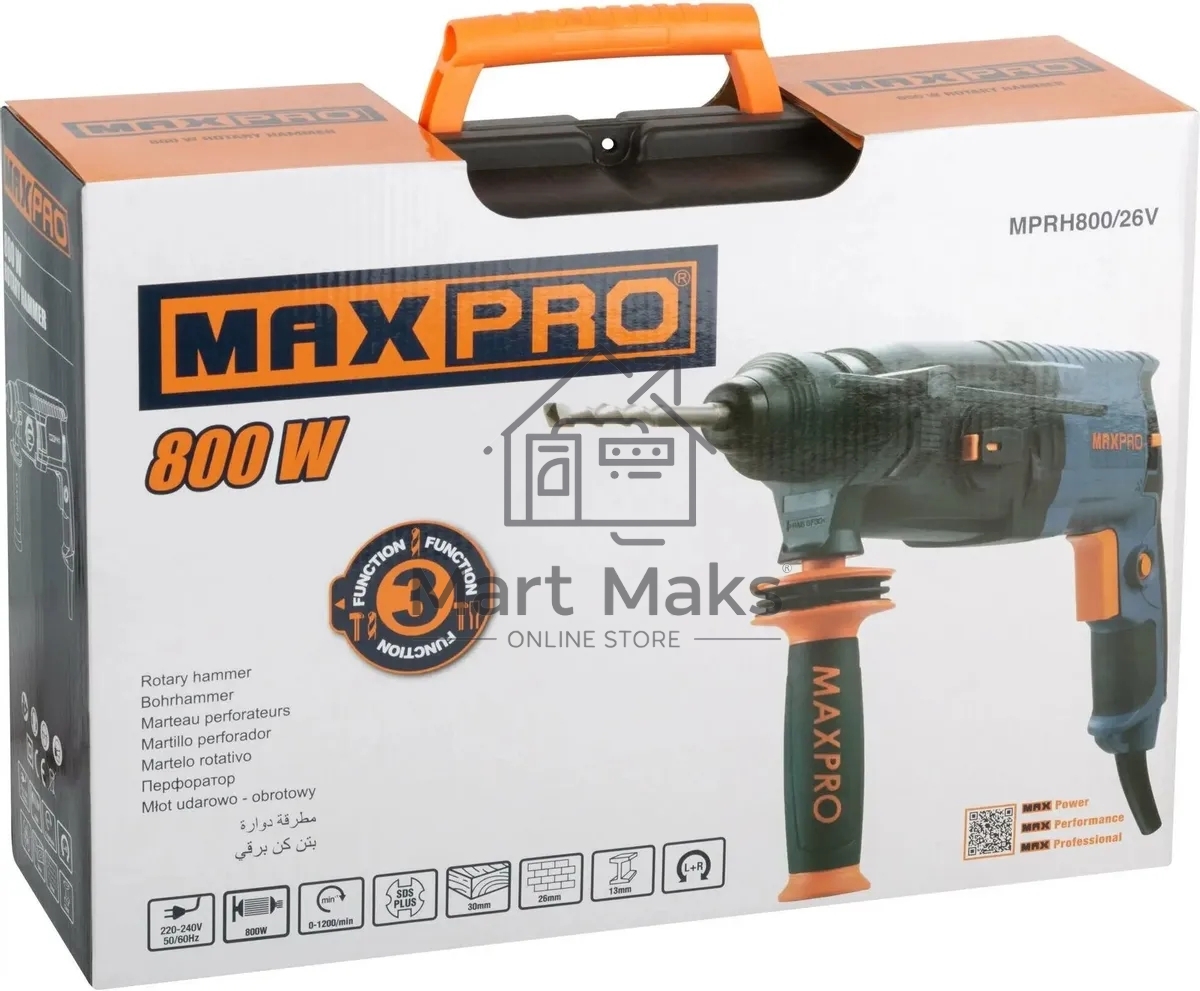 Перфоратор монтажный MAX-PRO MPRH800/26VP 800Вт, 0-1100 об/мин, 2,8 Дж, 3 режима, Д/Б/М-30/26/13, 3,4 кг, SDS-PLUS, антивибрационная ручка, резиновые вставки, рез