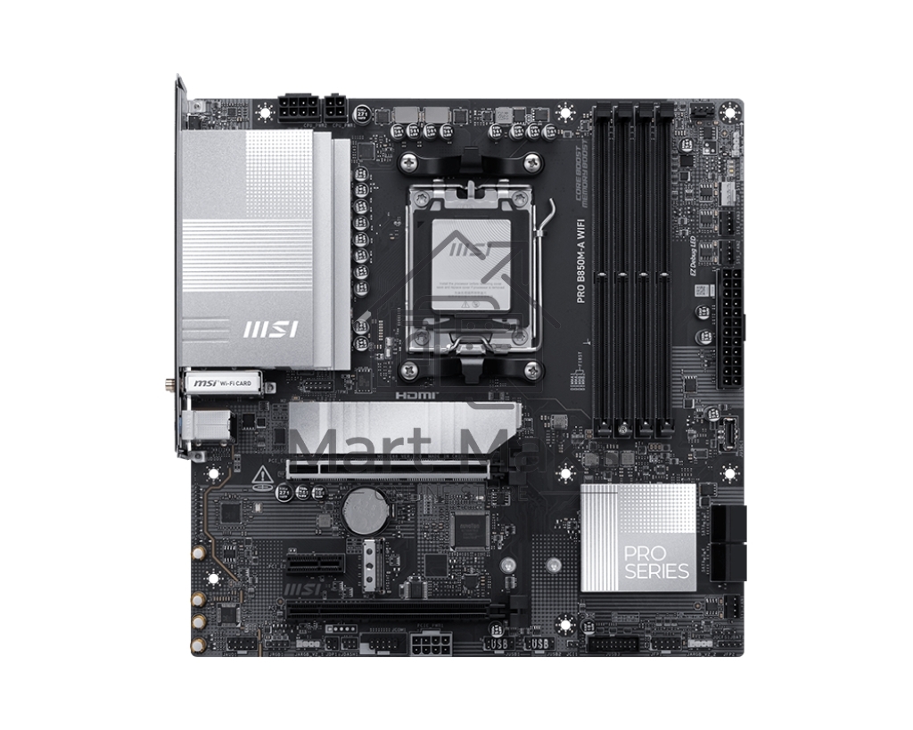 Материнская плата MSI PRO B850M-A WIFI, AM5, AMD B850, 4xDDR5, 4xSATA, 2xM.2, 1xPCIe 5.0 x16, 1xPCIe 4.0 x4, 1xPCIe 3.0 x1, 1xDP, 1xHDMI, 1x5Gb LAN, Wi-Fi 7, Bluetooth 5.4, 2xUSB-C 10Gbps, 3xUSB-A 10Gbps, 3xUSB-A 5Gbps, 4xUSB-A 2.0, 3x3.5 мм, 7.1, mATX