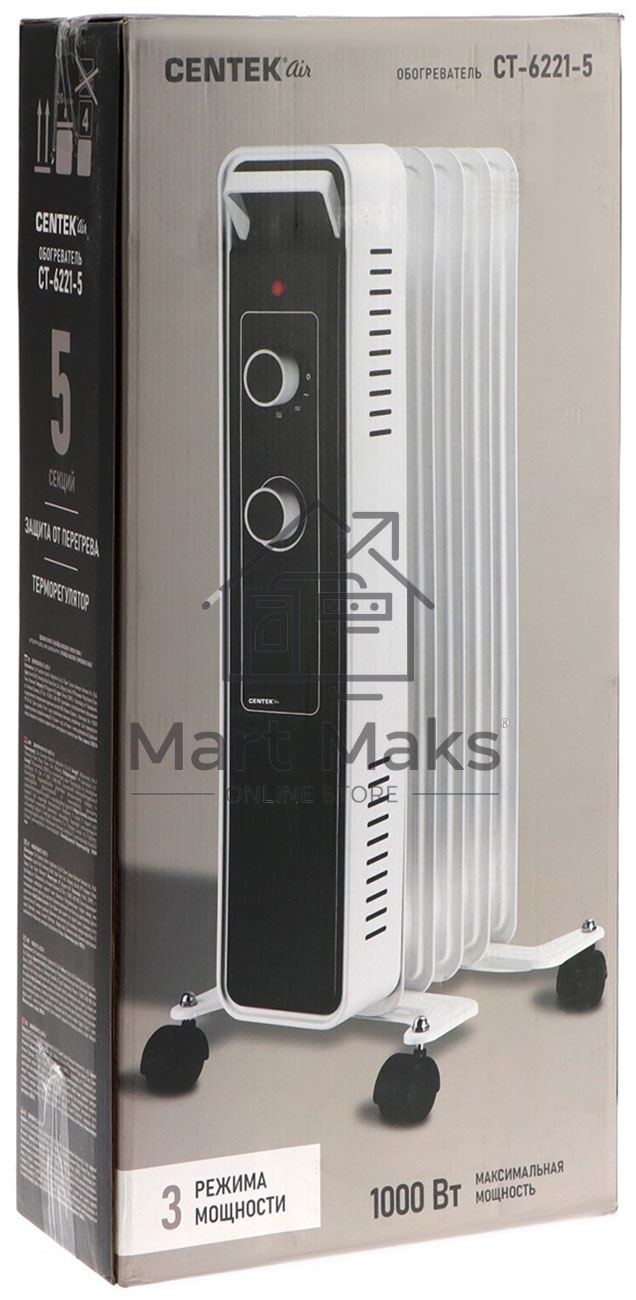 Масляный обогреватель Centek CT-6221-5 (5 секций) белый, 400/600/1000 Вт, 12,5 м2, 3 режима, термостат