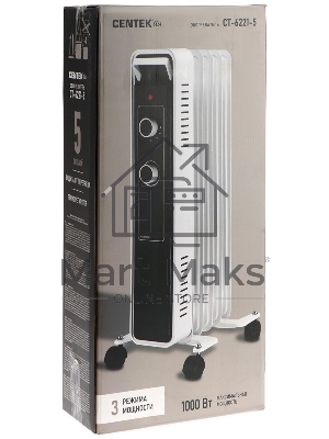 Обогреватель масляный Centek CT-6221-5 (5 секций) белый, 400/600/1000 Вт, 12,5 м2, 3 режима, термостат