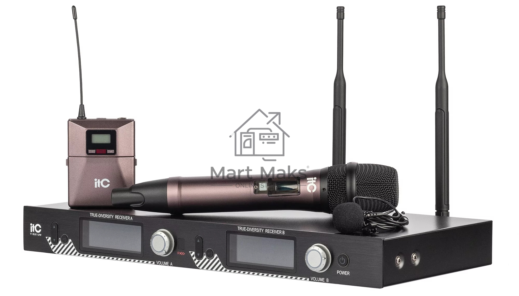 Радиосистема ITC T-521UT UHF двухканальная с петличным и ручным микрофонами, LCD дисплей, True Diversity, частотный диапазон 470-510 MHz.
