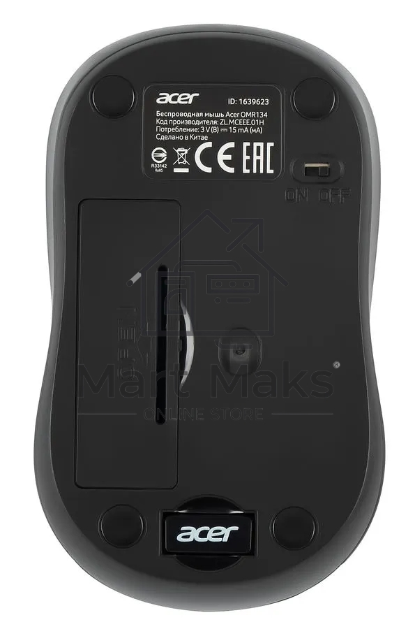 Мышь беспроводная Acer OMR134 серый, 1000 dpi, радиоканал, USB, кнопки - 3