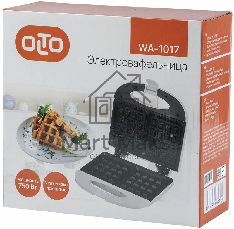 Вафельница OLTO WA-1017 750 Вт, антипригарное покрытие, защита от перегрева, белый