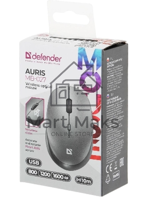 Мышь беспроводная Defender Auris MB-027 серый, 1600 dpi, радиоканал, USB, кнопки - 4