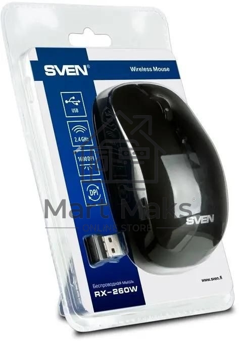 Мышь беспроводная SVEN RX-260W черный, 1600 dpi, радиоканал, USB, кнопки - 4