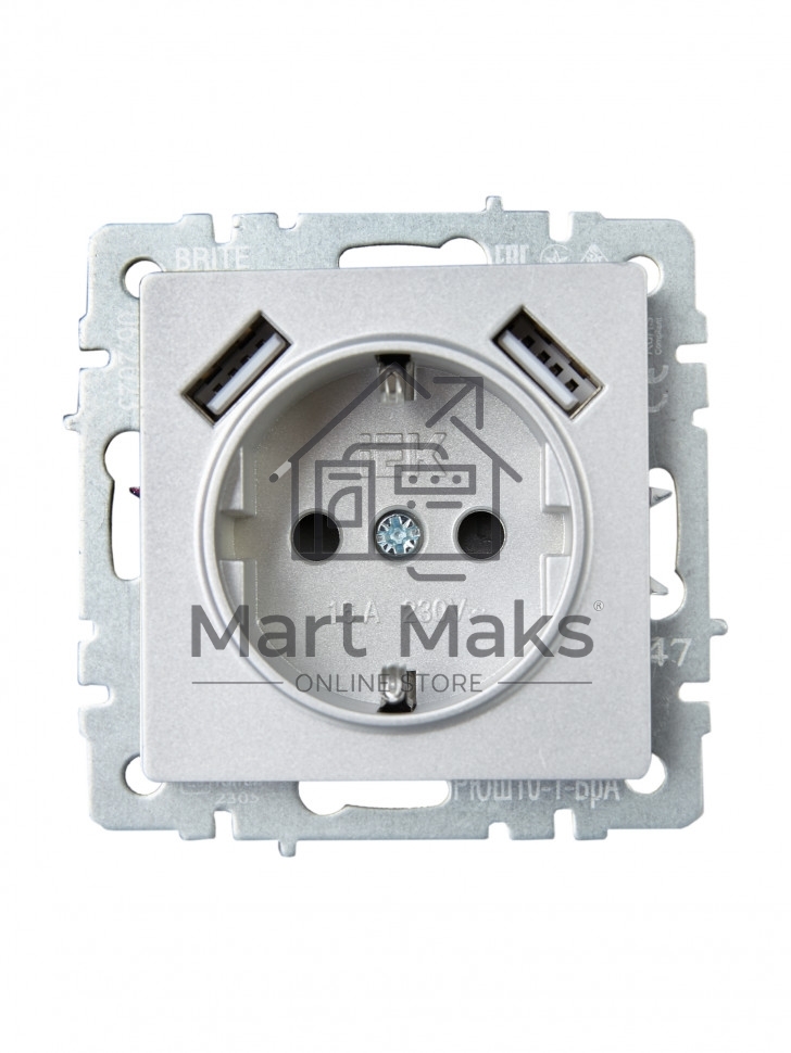 Розетка 1-местная IEK BRITE РЮш10-1-БрА ( BR-R14-16-U21-D21-K47) с заземлением, с защитными шторками, 16А, с USB A+A 5В 2,1А, алюминий