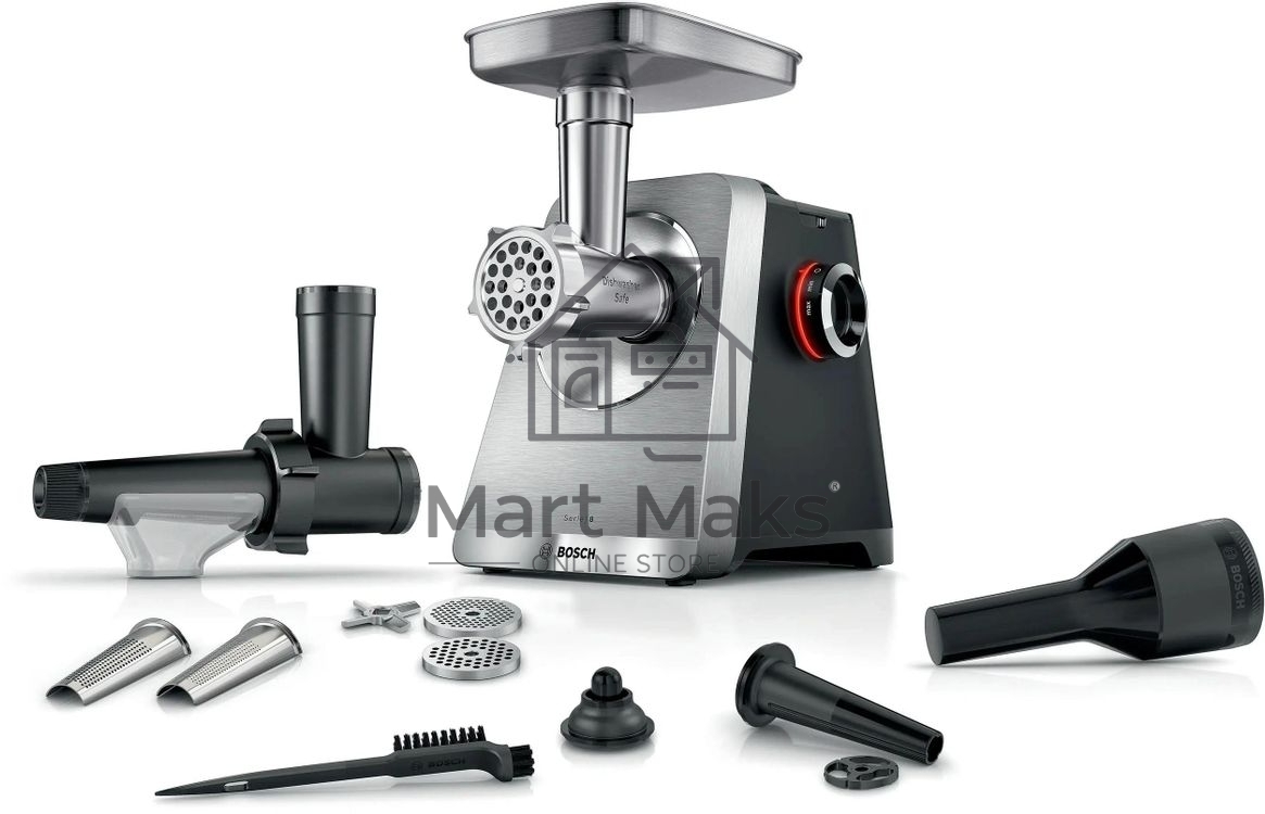 Мясорубка электрическая Bosch Series 8 MFWS835M черный, 2500 Вт, 4.5 кг/мин, реверс, защита от перегрузки, металлический лоток, насадки - 6