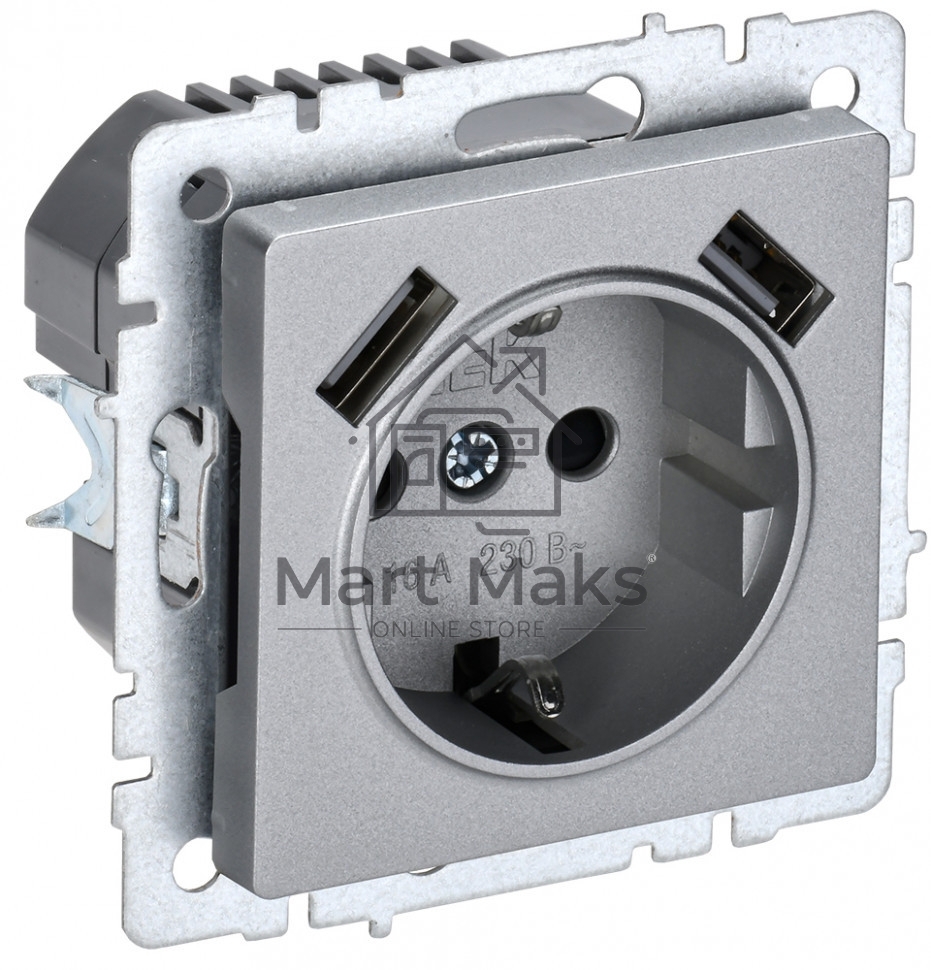 Розетка 1-местная IEK BRITE РЮш10-1-БрА ( BR-R14-16-U21-D21-K47) с заземлением, с защитными шторками, 16А, с USB A+A 5В 2,1А, алюминий