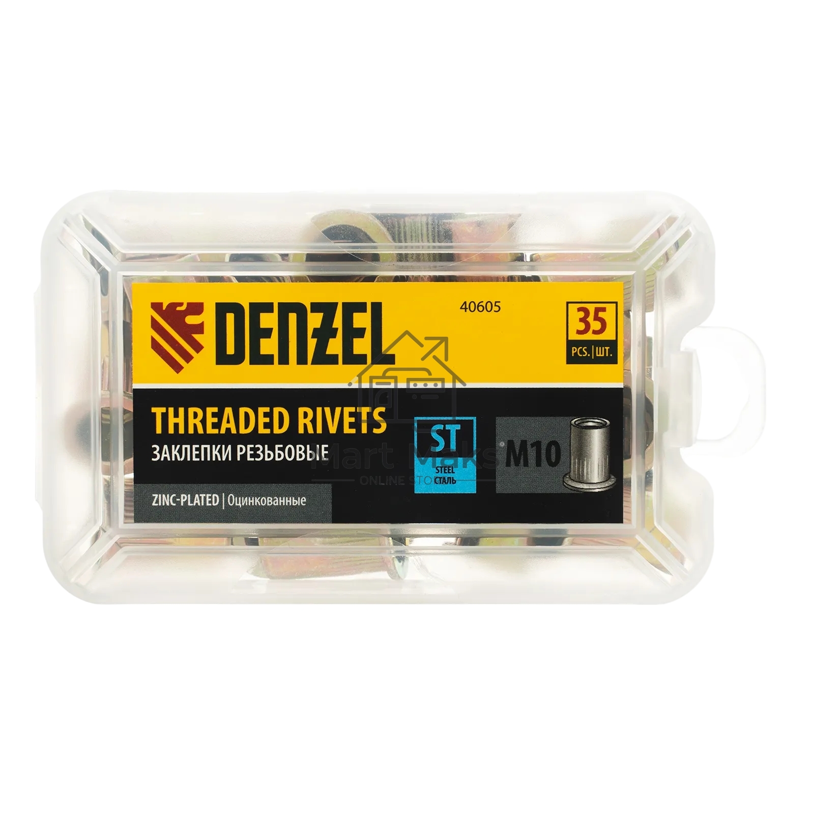 Заклепки резьбовые Denzel стальные, оцинкованные, М10, пластиковый кейс, 35 шт.