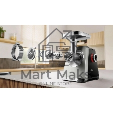 Мясорубка электрическая Bosch Series 8 MFWS835M черный, 2500 Вт, 4.5 кг/мин, реверс, защита от перегрузки, металлический лоток, насадки - 6