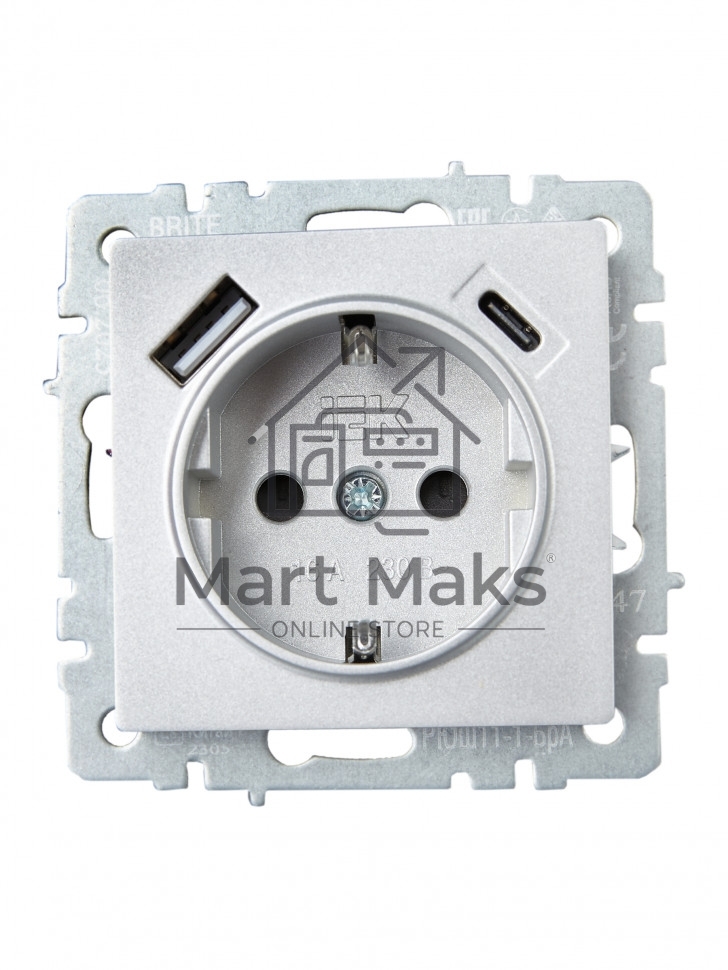 Розетка 1-местная IEK BRITE РЮш11-1-БрА (BR-R14-16-U22-018-K47) с заземлением, с защитными шторками, 16А, с USB A+C 18 Вт, алюминий