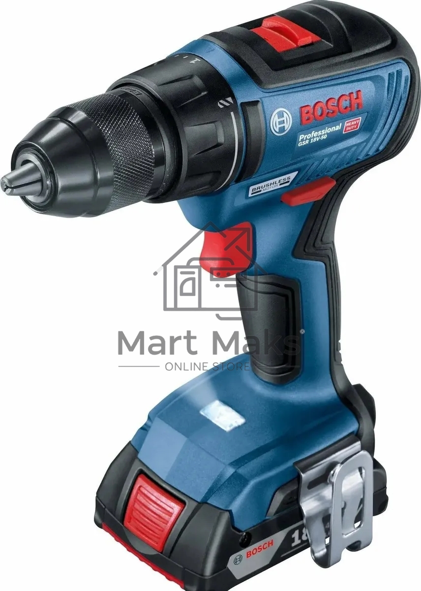 Дрель-шуруповерт Bosch GSR 18V-50 + L, Аккумуляторная, 18В, 2 АКБ, Кейс