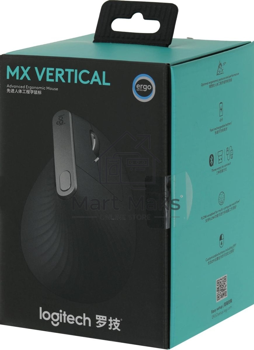 Мышь беспроводная/проводная Logitech MX Vertical графитовый, 4000 dpi, радиоканал, Bluetooth, USB, кнопки - 6