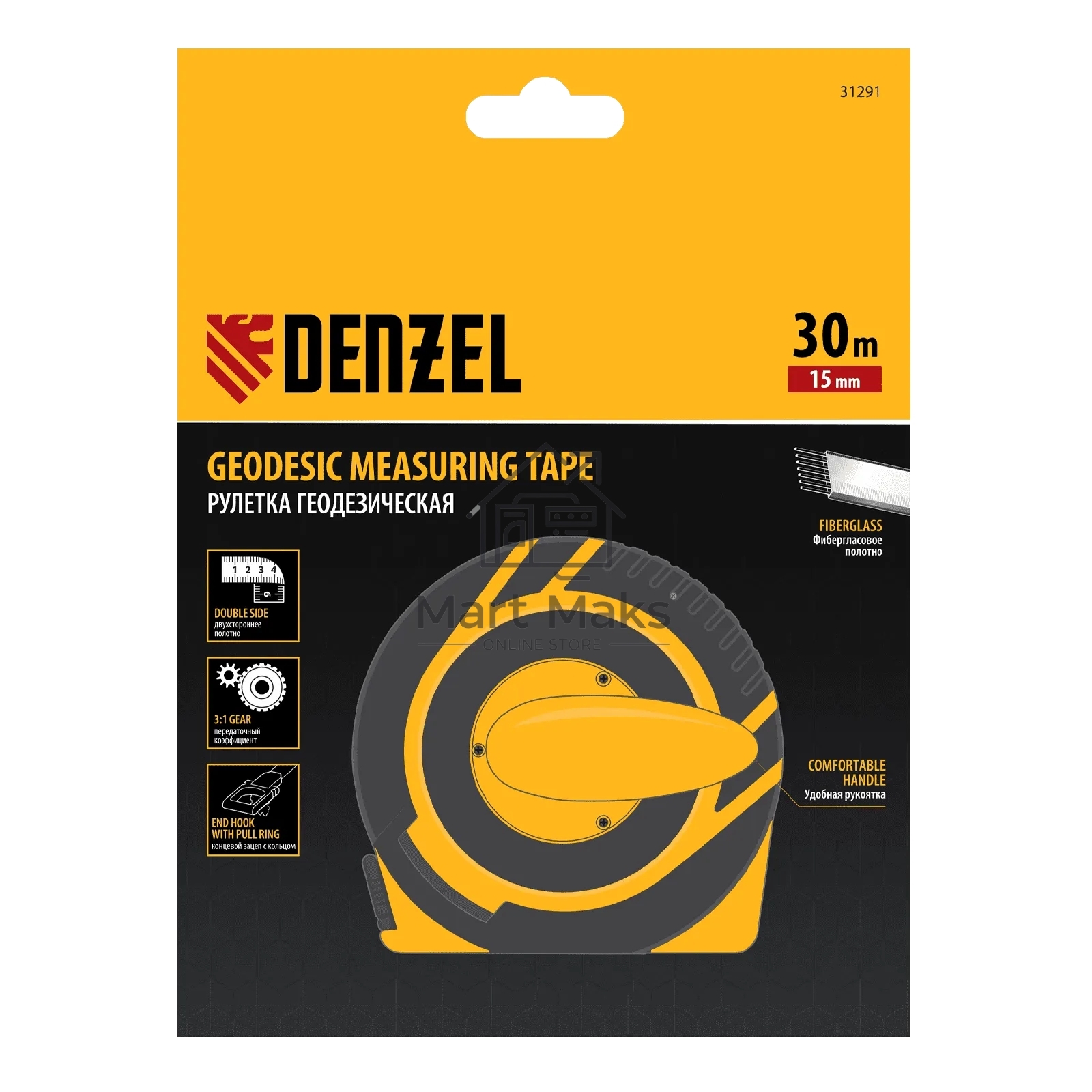 Рулетка геодезическая Denzel 30 м х 15 мм, закрытый корпус, фиберглассовая лента