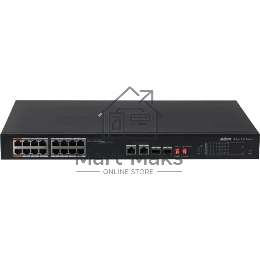 Коммутатор неуправляемый 16-портовый Dahua DH-S3218-16ET-135 с РоЕ, 16xRJ45 100Mb, 2хКомбо SFP/RJ45 1Gb uplink, суммарно до 135Вт, коммутация 7.2 Гбит/с, MAC-таблица 8К