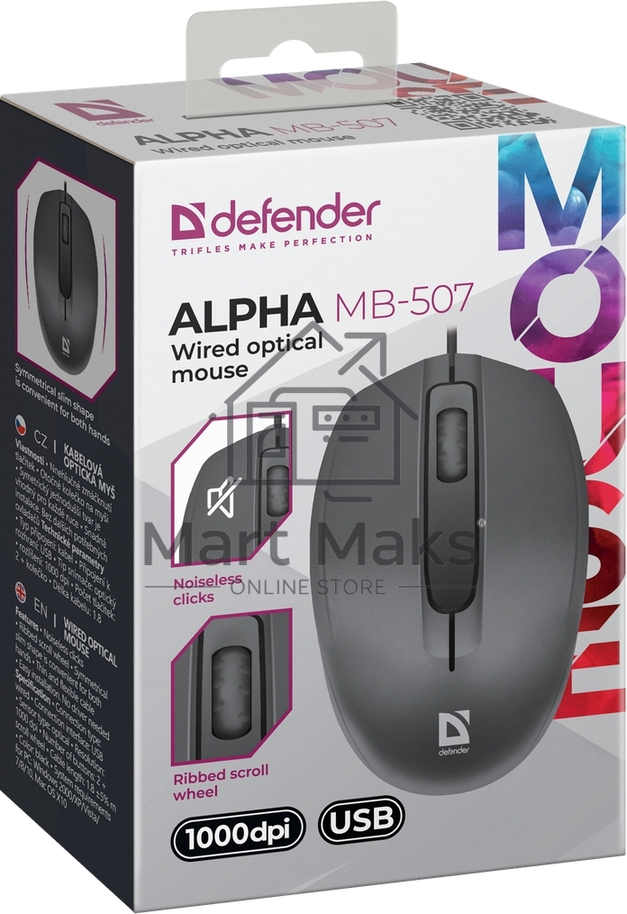 Мышь проводная Defender Alpha MB-507 черный, 1000 dpi, USB, кнопки - 3