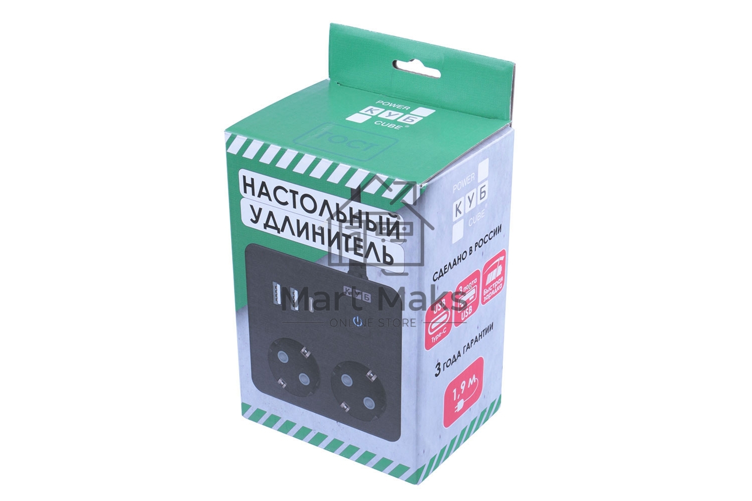 Бытовой удлинитель PowerCube, 2р с/з вык.,3USB, 3500 Вт, 16А, 1.9 м, 3*1,0 (черный) квадрат PC-1B-2M