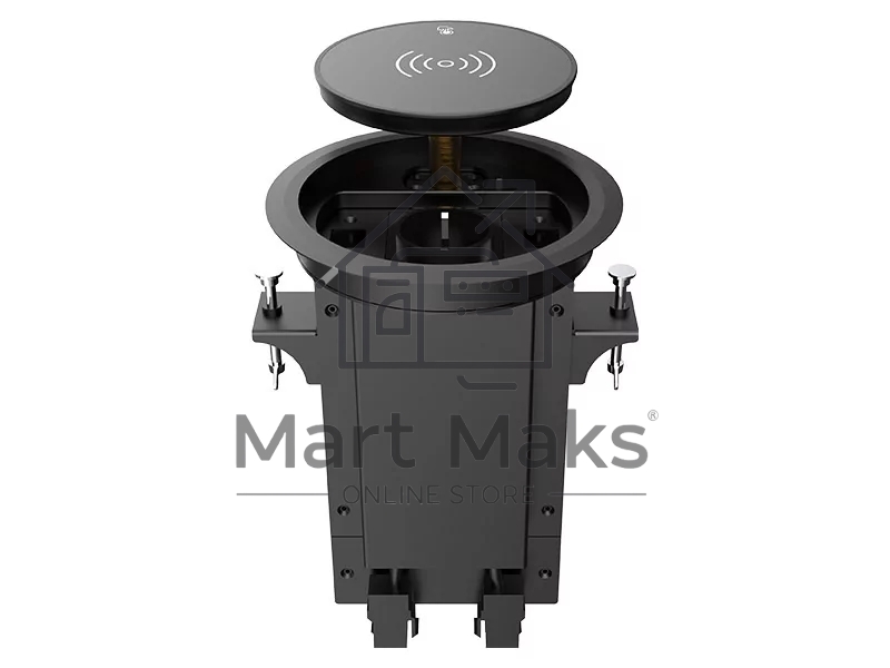 Лючок врезной в стол Wize Pro WRTS-RRSX-B моторизованная крышка с беспроводной QI зарядкой, розетка 220В -1 шт, 4 отверстия keystone для модулей WRTS-RR, черный