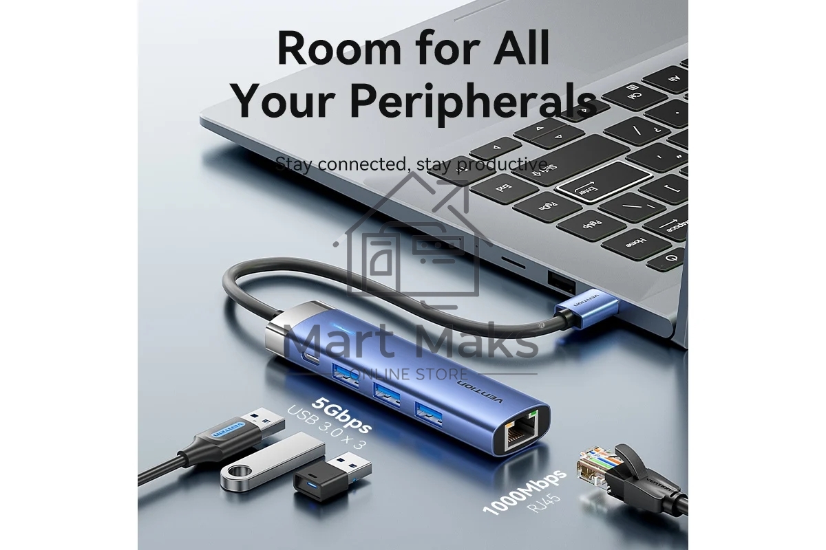 Сетевой адаптер Vention USB 3.0 M/Gigabit Ethernet RJ45+OTG хаб 3xUSB Синий - 0.15м.
