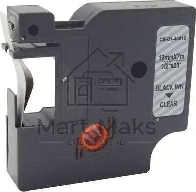 Картридж ленточный Cactus CS-D1-45010 12мм, черный шрифт, прозрачный фон, 7м для DYMO LM 160, 210D, 280, PnP, 420P, 500 TS; Rhino Pro 6000, 5200, 4200