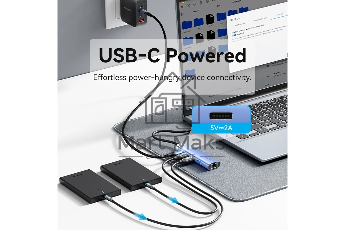 Сетевой адаптер Vention USB 3.0 M/Gigabit Ethernet RJ45+OTG хаб 3xUSB Синий - 0.15м.