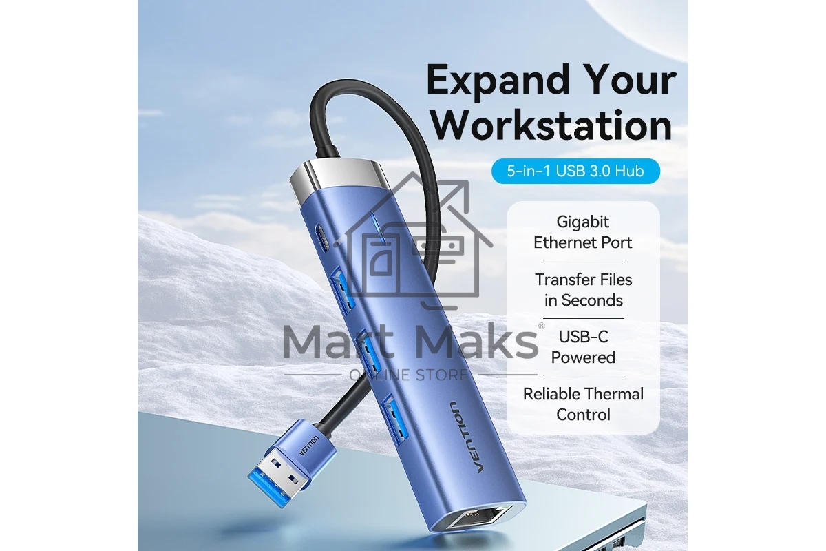 Сетевой адаптер Vention USB 3.0 M/Gigabit Ethernet RJ45+OTG хаб 3xUSB Синий - 0.15м.