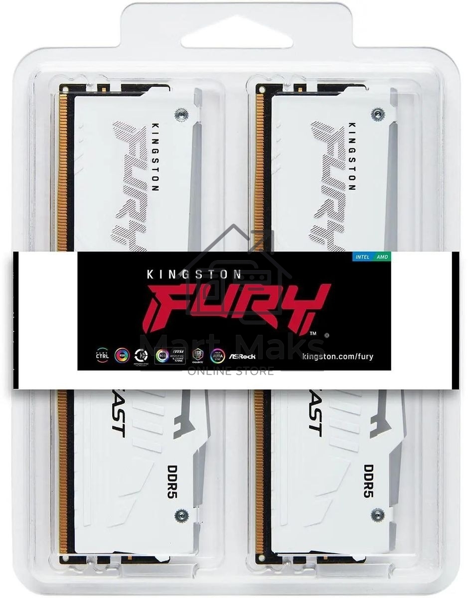 Оперативная память Kingston Fury Beast, DDR5, 64GB (2x32GB), 5600MHz, CL36, DIMM, радиатор, RGB, белый