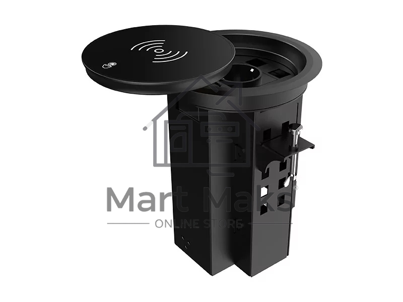 Лючок врезной в стол Wize Pro WRTS-RRSX-B моторизованная крышка с беспроводной QI зарядкой, розетка 220В -1 шт, 4 отверстия keystone для модулей WRTS-RR, черный