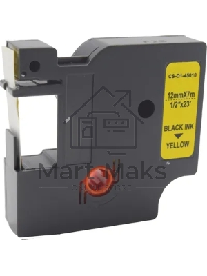 Картридж ленточный Cactus CS-D1-45018 12мм, черный шрифт, желтый фон, 7м для DYMO LM 160, 210D, 280, PnP, 420P, 500 TS; Rhino Pro 6000, 5200, 4200