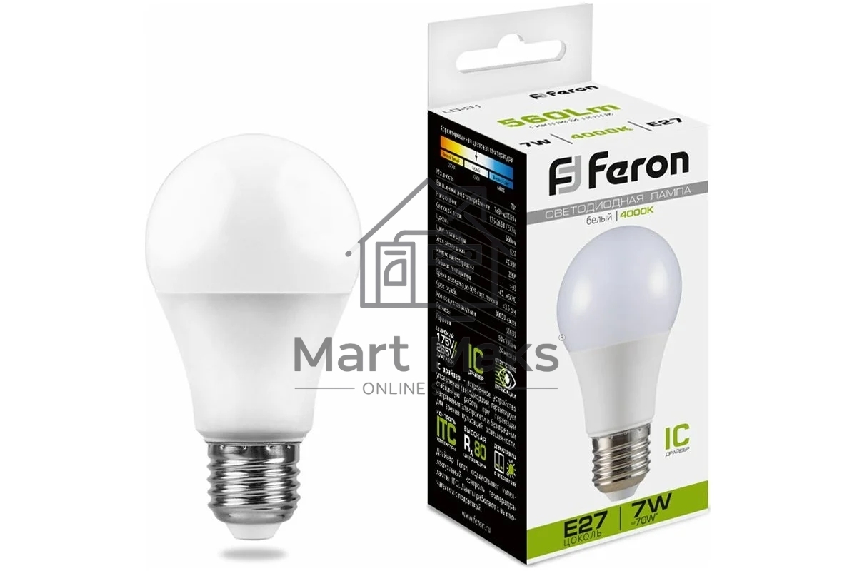 Лампа светодиодная FERON LB-91 (25445) 7W 230V E27 4000K A60
