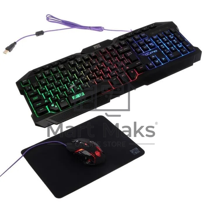 Игровой набор Qumo Mystic K58/M76, кл-ра проводная 104 + 10 клавиш мультимедиа, встроенные подсветки общая + кнопок 3 цвета, мышь проводная, оптическая, 1200/1600/2400/3200 dpi с подсветкой, коврик