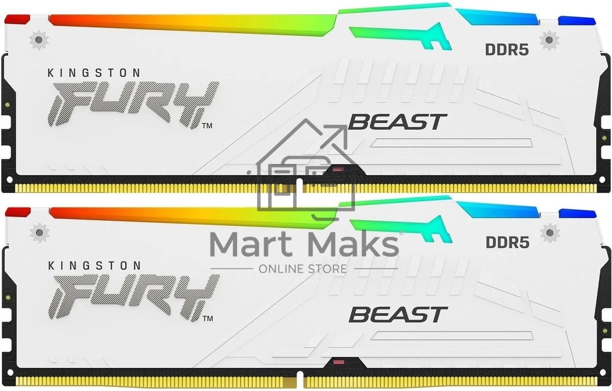 Оперативная память Kingston Fury Beast, DDR5, 64GB (2x32GB), 5600MHz, CL36, DIMM, радиатор, RGB, белый