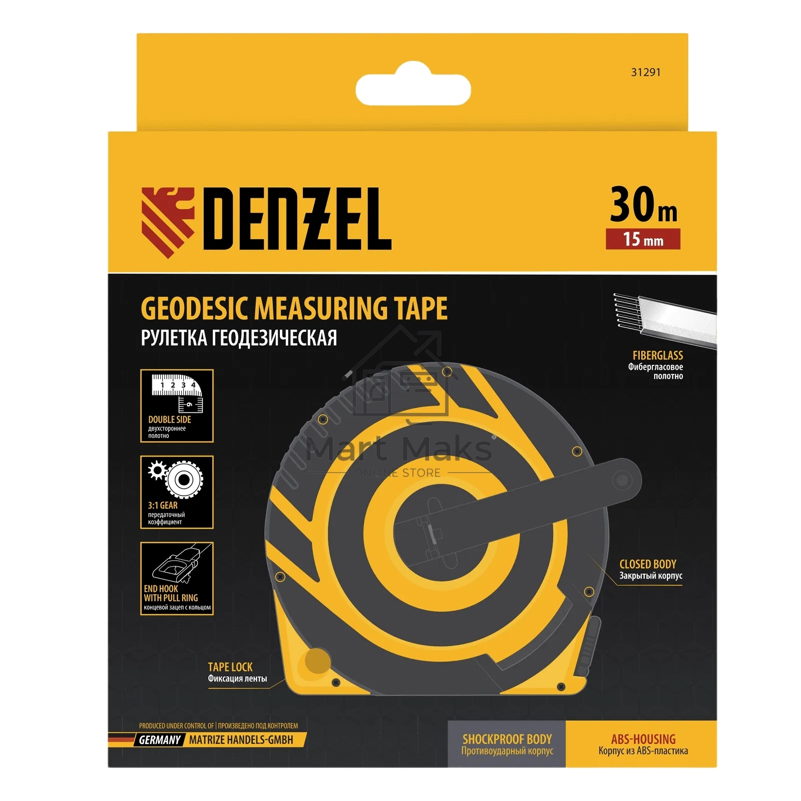 Рулетка геодезическая Denzel 30 м х 15 мм, закрытый корпус, фиберглассовая лента