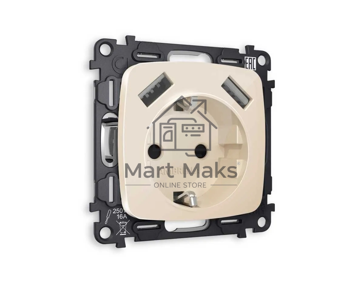 Комплект механизма электрической розетки OMEGA Бежевый глянец 2USB A+A 18W (быстрая зарядка) с/з QUANT (OP3090, VM155) MO309010